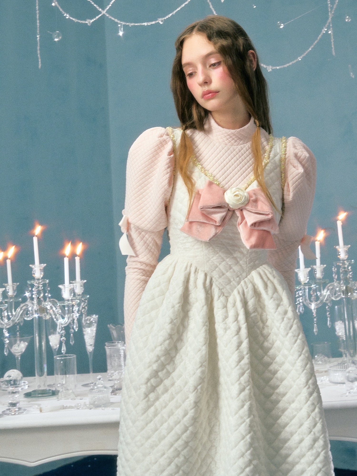 Lace Bow Flower Decoration Padded Suspender Dress & Puff Sleeve Top