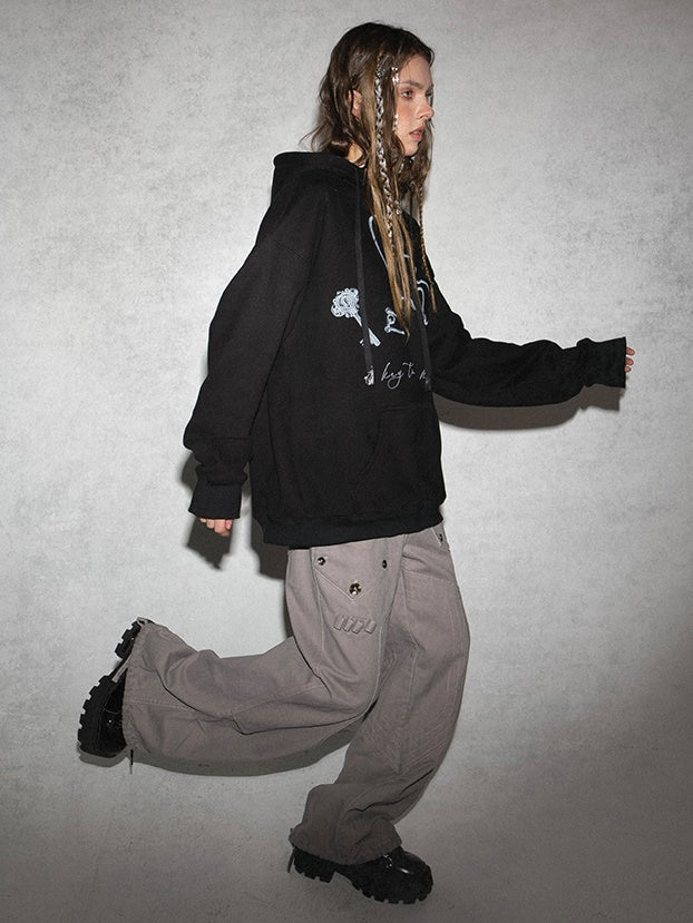 Printed Polar Fleece Lining Hooded Loose Sweat