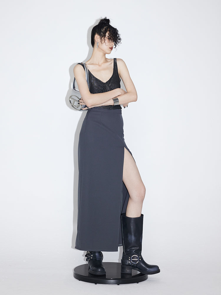 Pini jupe droite de taille haute mi-longueur