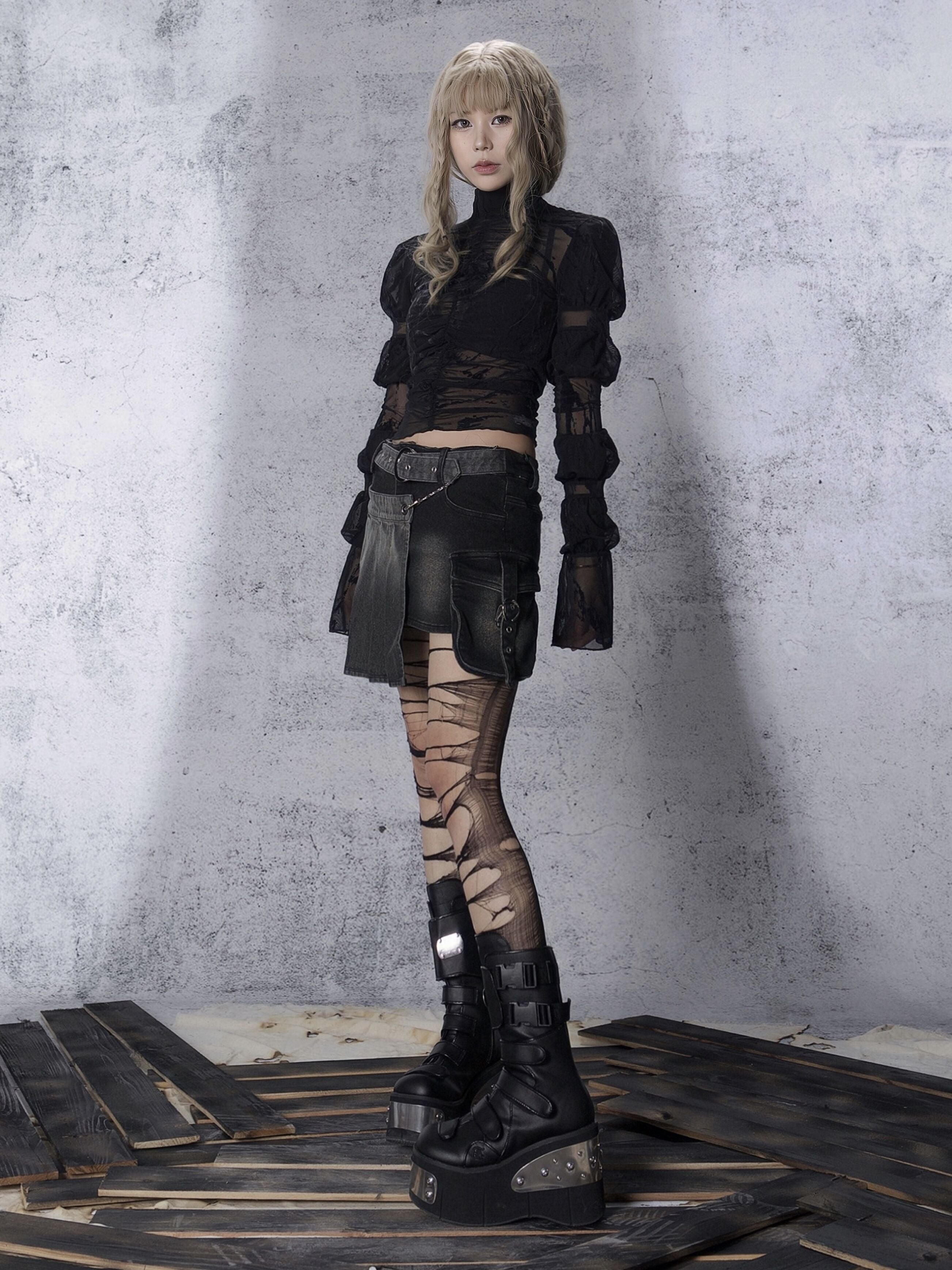 펑크 데님 주름 치마