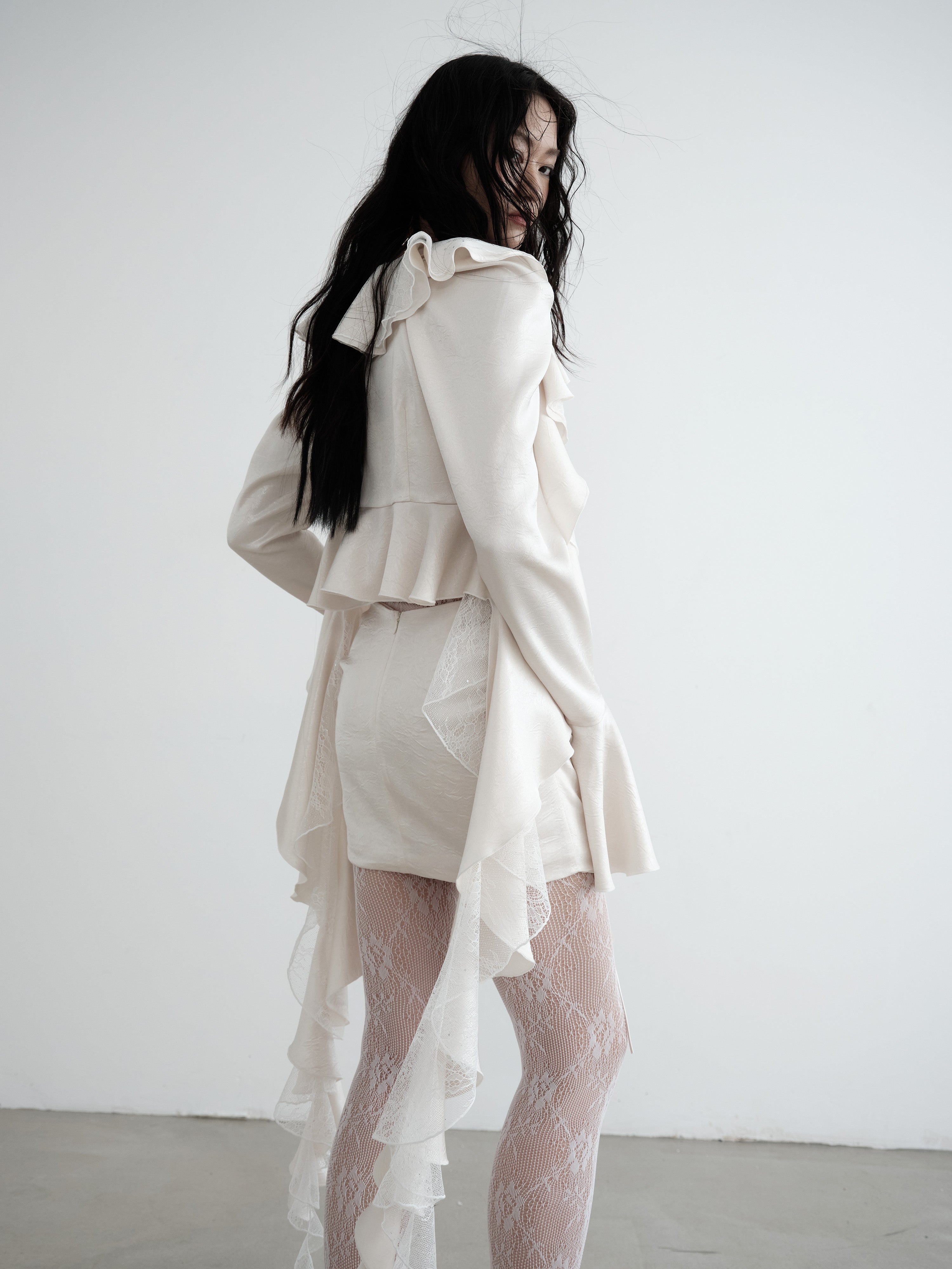 Ruffled Cardigan & Lace-Up Skirt Set-up