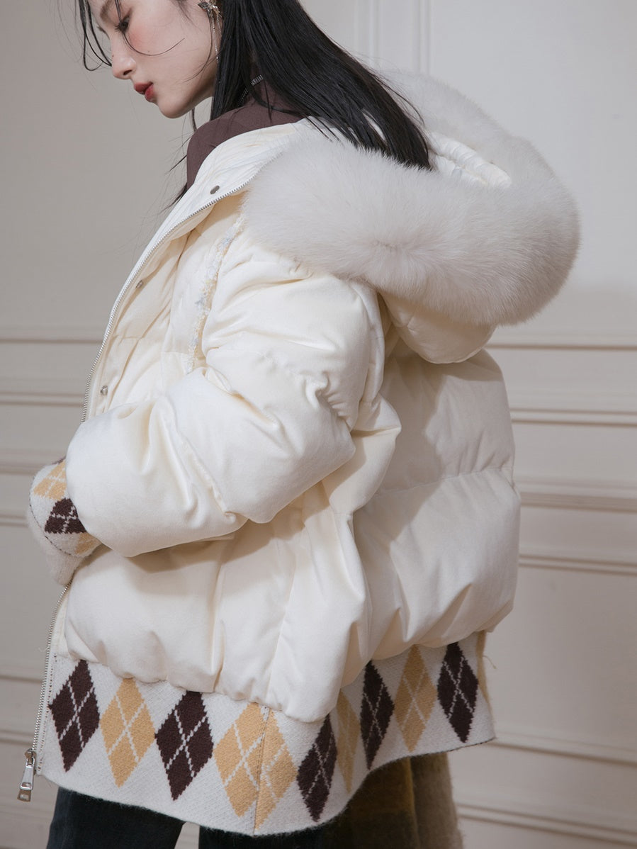 Diamond Check Spleißen mit Kapuze -Down -Jacke