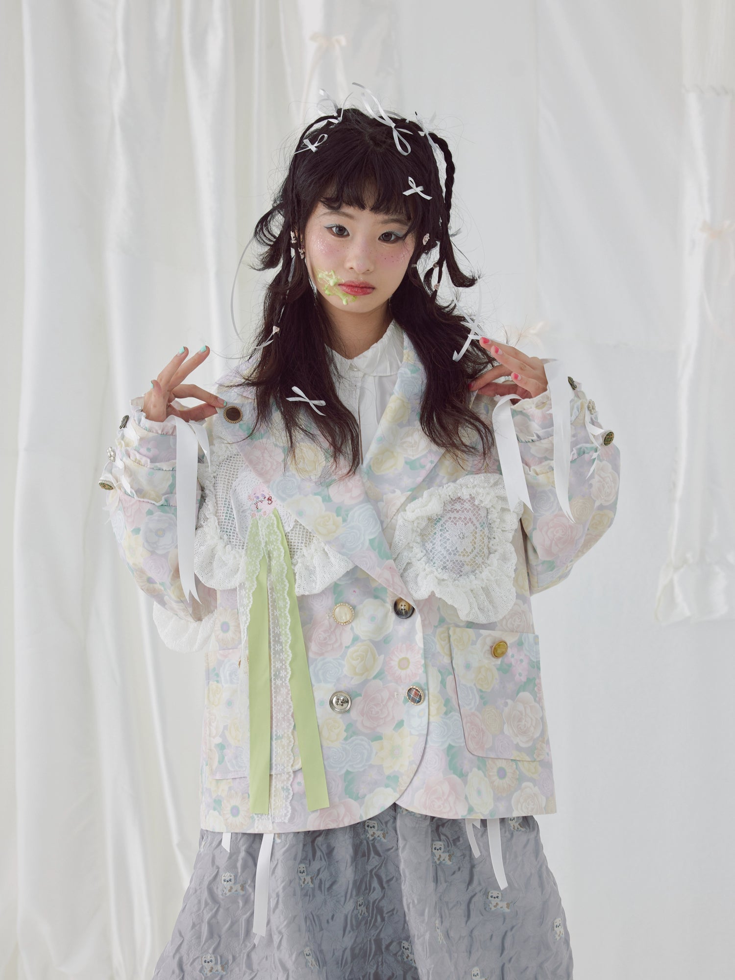 플로럴 프린트 어깨 패드 레이스 재킷