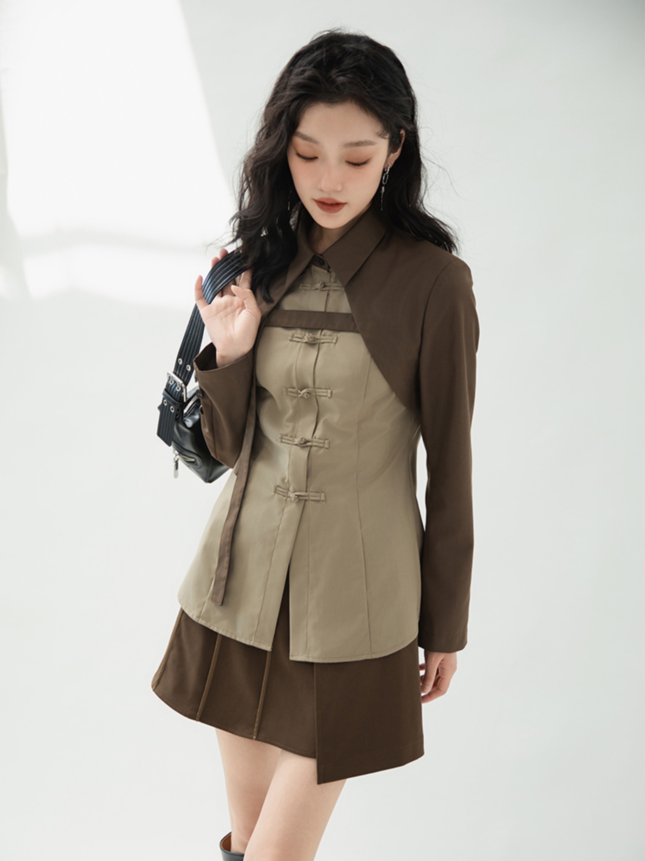 중국 버클 콘트라스트 컬러 페이크 2피스 셔츠