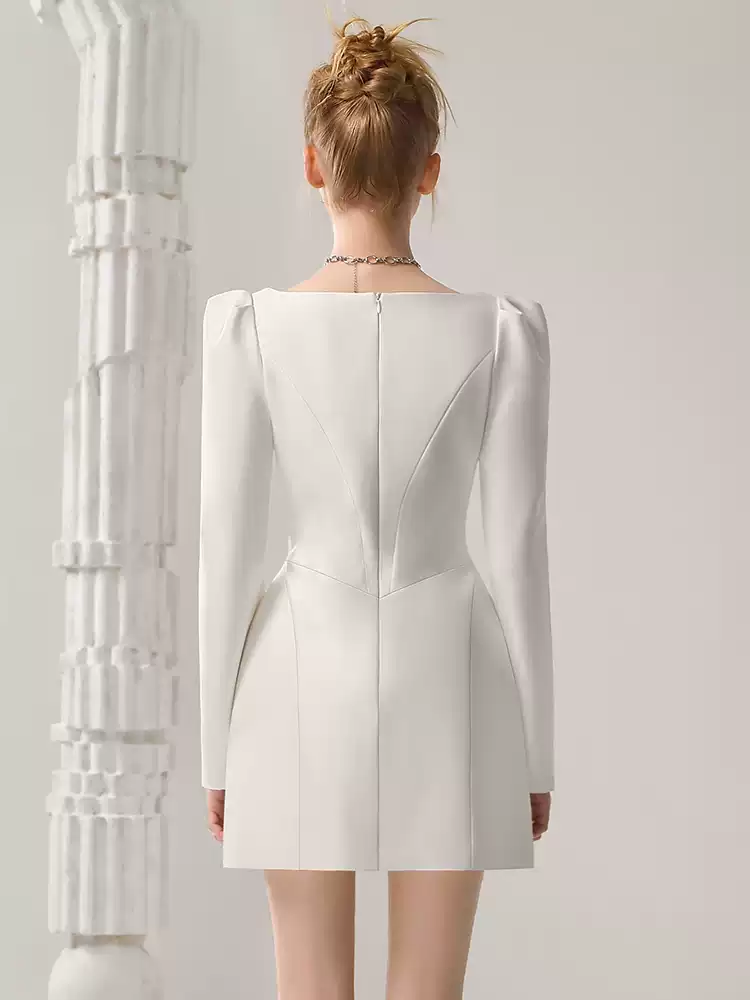 Ribbon Lace Bijou Short Square-Neck Elegant Dress