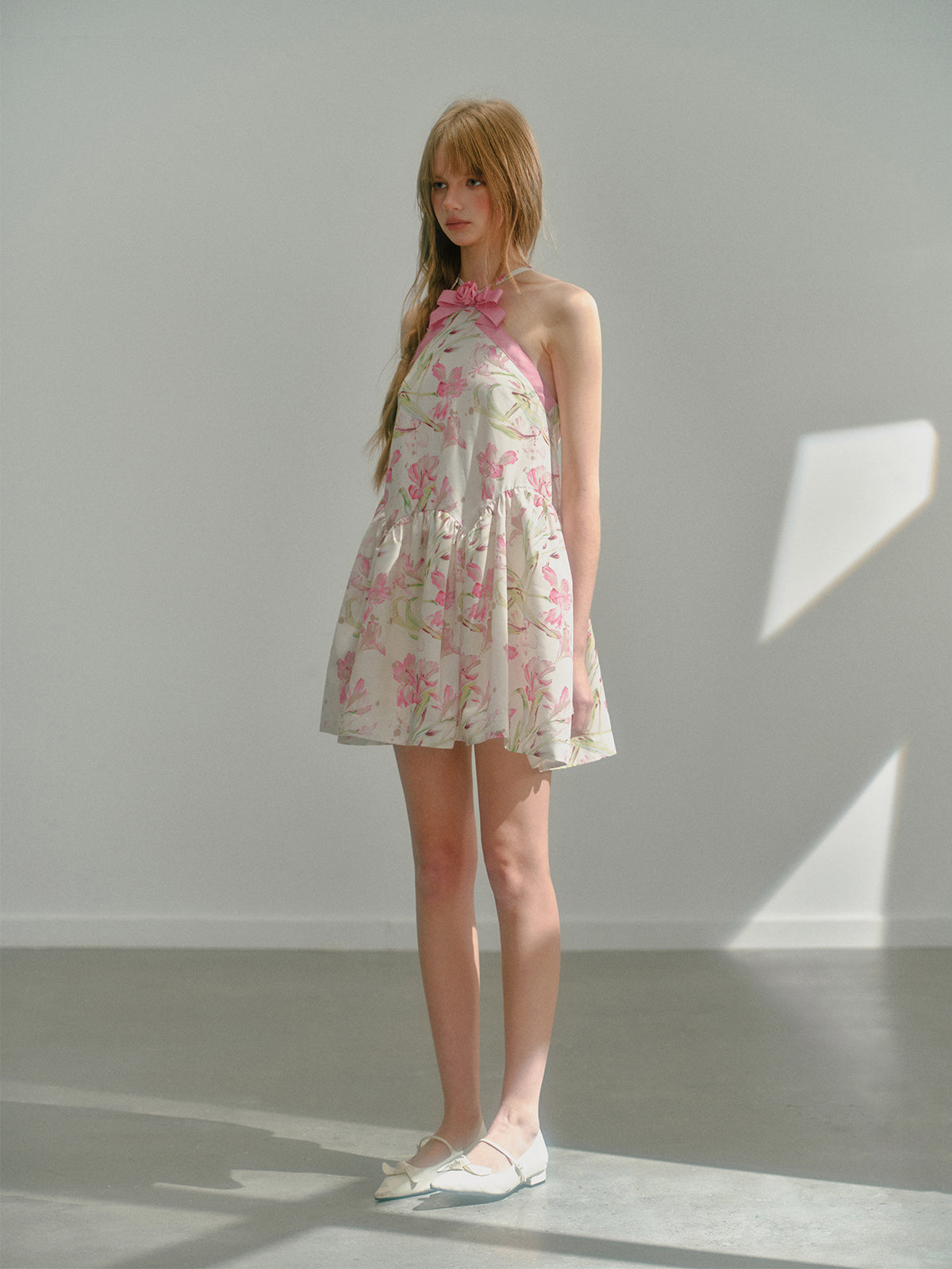 Halter Neck Floral Printed Sweet Bow Puffy Dress