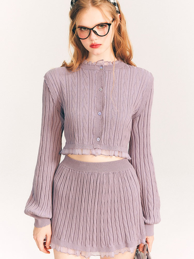 레이스 트리밍 케이블 니트 가디건 & 스커트