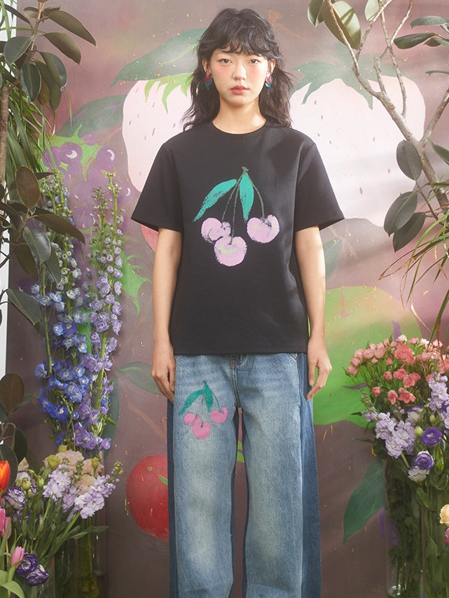Cherry Print Loose Round Neck T-shirt