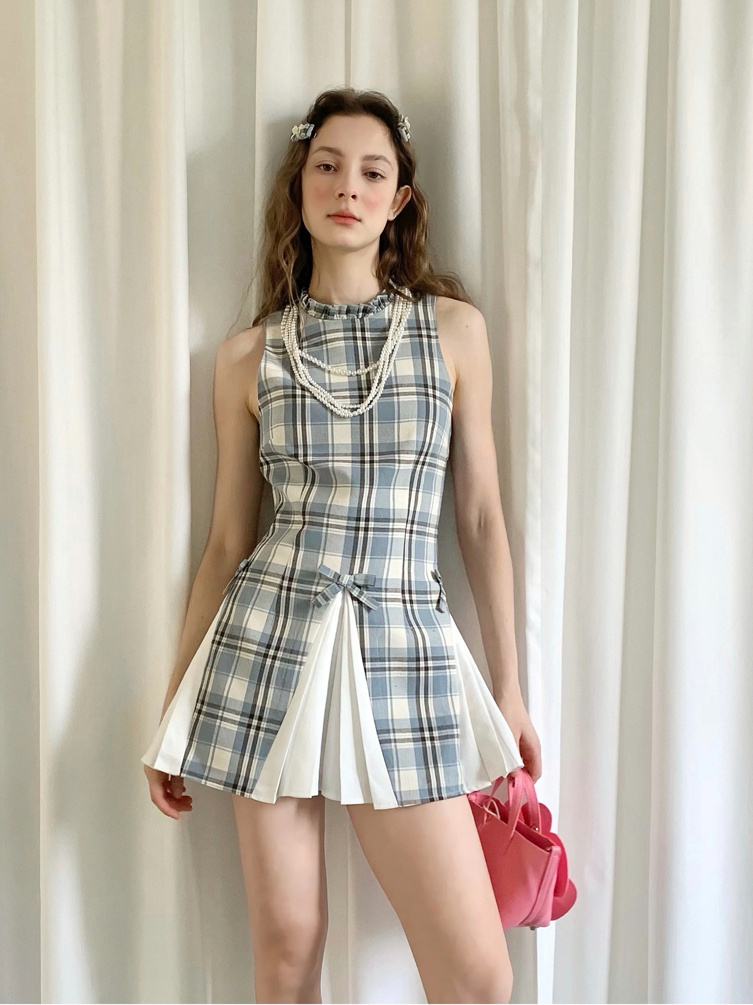 Sleeveless Check Patchwork Pleated Dress
