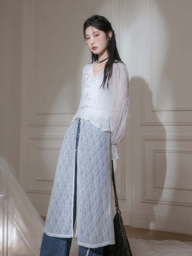 Lace V-neck Sheer Dress & Halter-neck Camisole Set-up