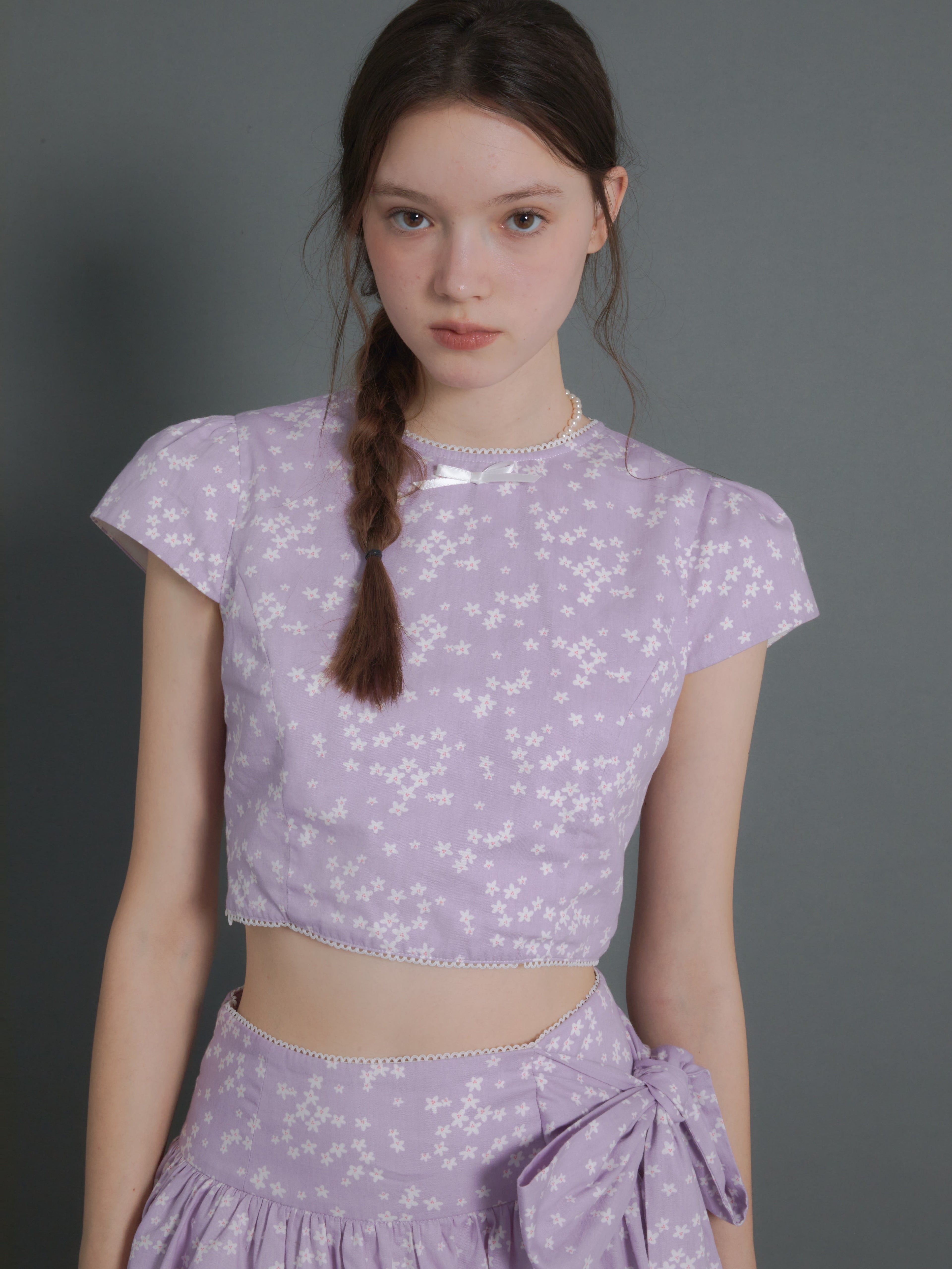 Floral Short Sleeve Cropped Top & Ribbon Bud Skirt