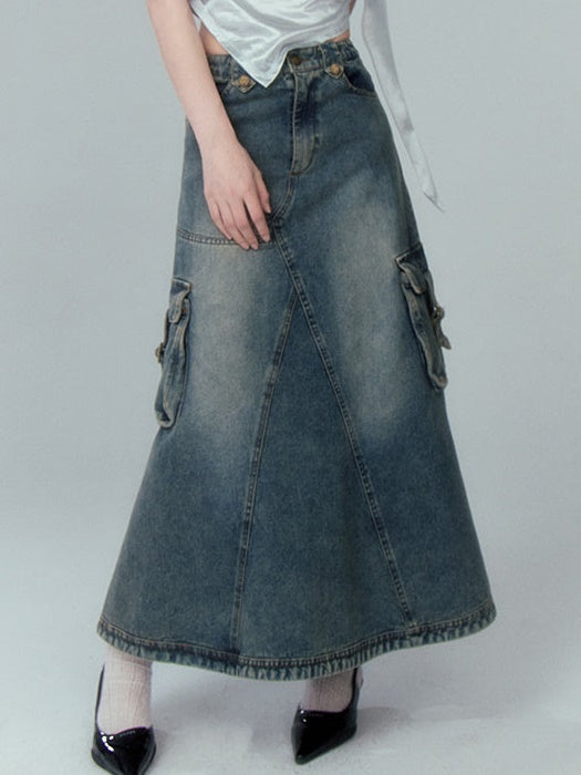 Washed Pocket Decoration A-Line Denim Skirt – ARCANA ARCHIVE