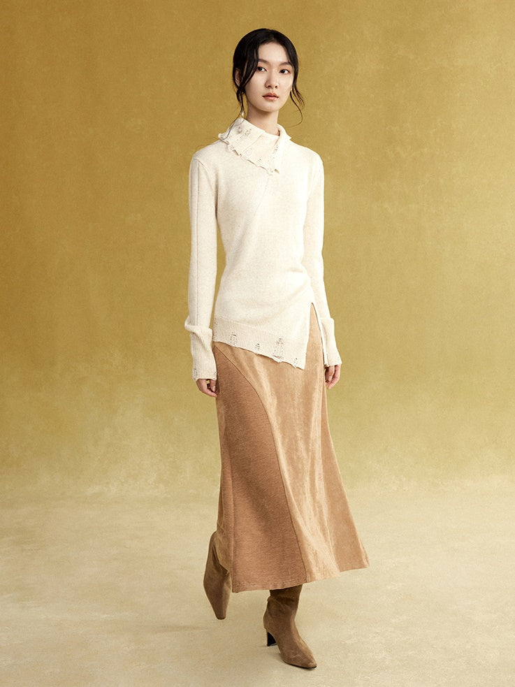 Fake Suede Curved Patchwork Skirt