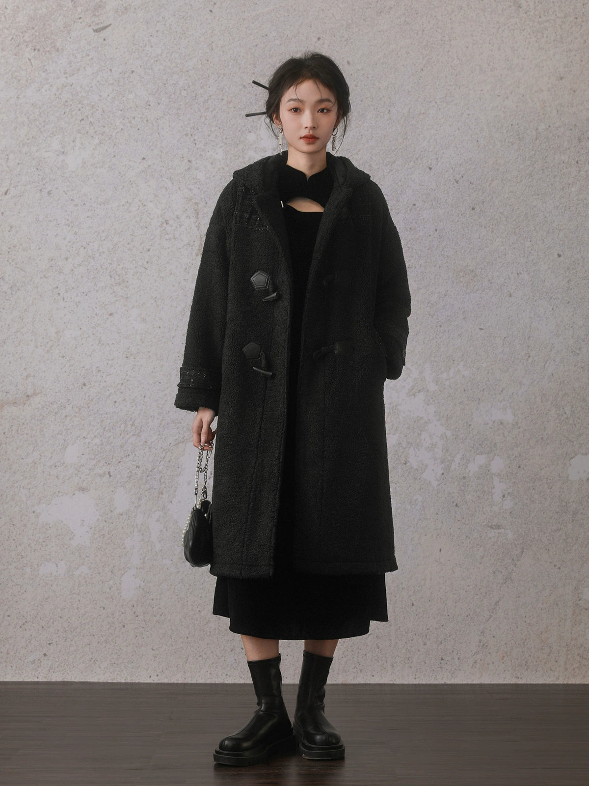 Chinese Style Velvet Buckle Cutout Design Dress