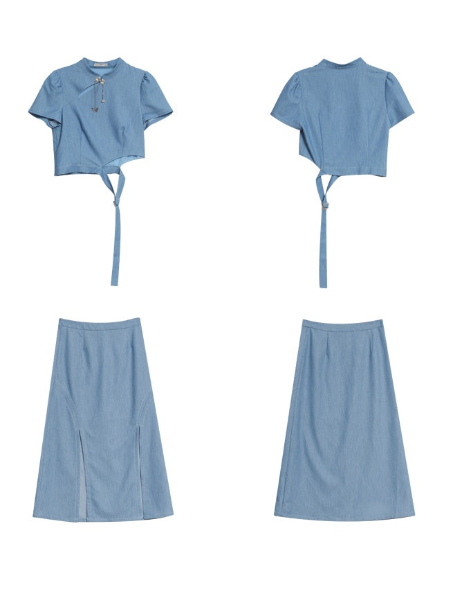 Cut-out Chinese Short Sleeve Top & Slit Skirt Set-up