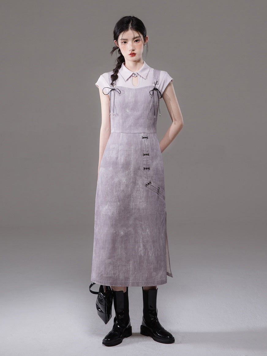 Chinese Style French Sleeve Cutsew & Tie-Dye Printed Suspender One-piece Set-up