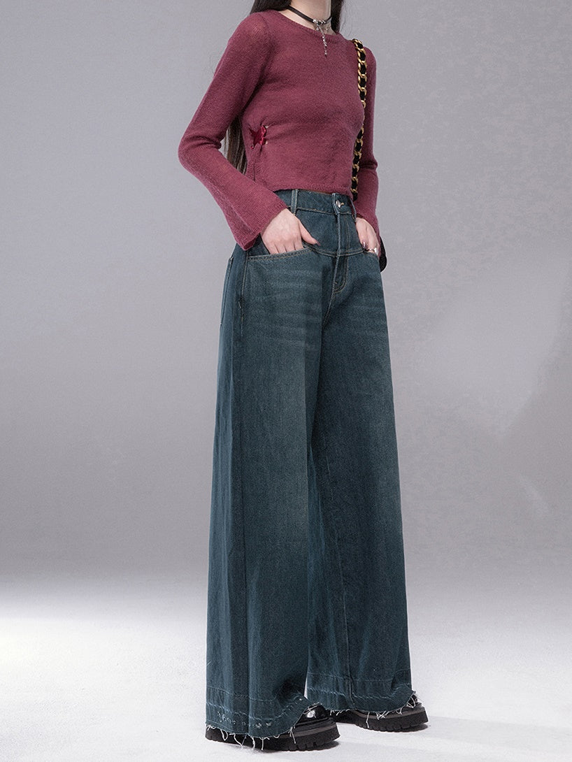 Wavy Split Line Retro Wide-leg Jeans