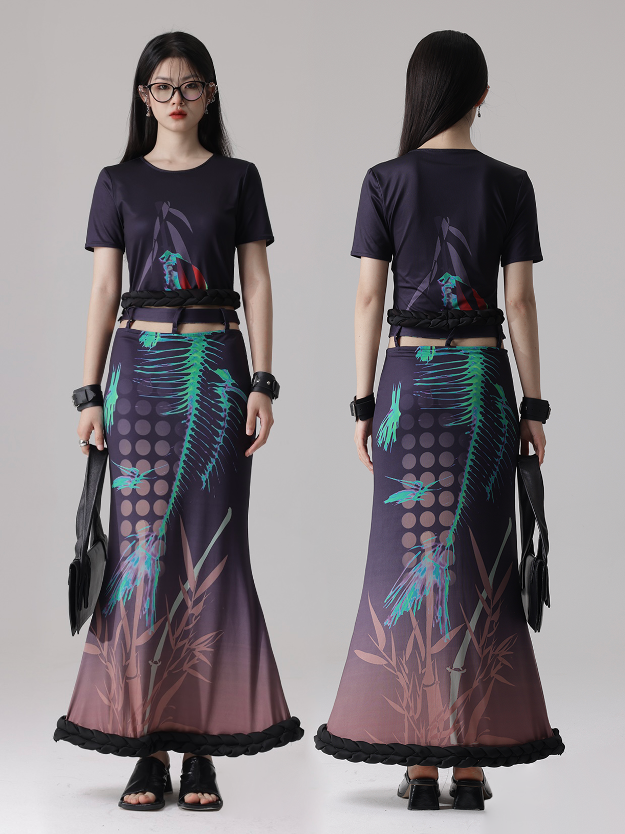 Fishbone Print Stitching Braid Profile Hem Top & Fishtail Skirt