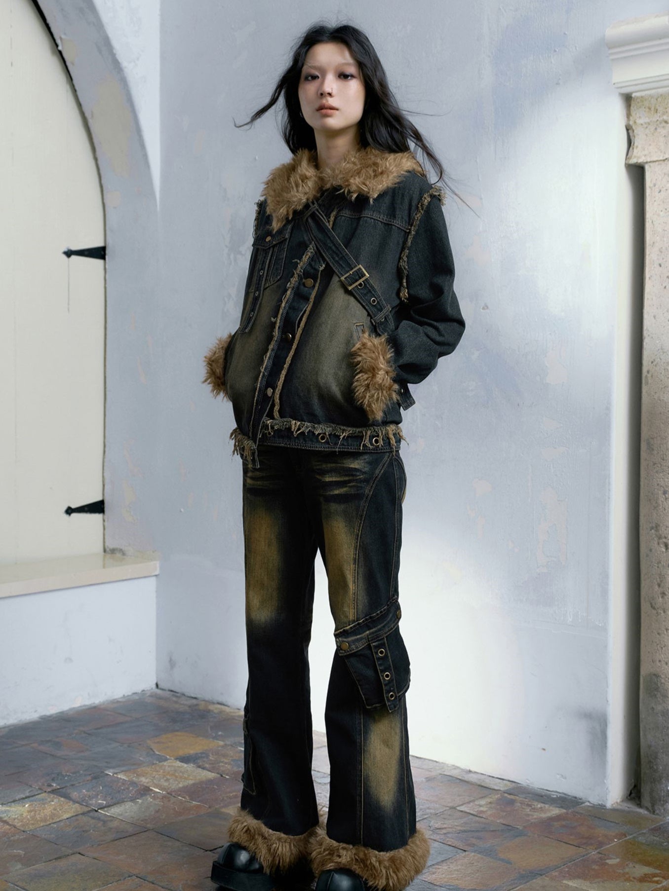 Fur Stitch Washed Distressed Denim Flare Pants