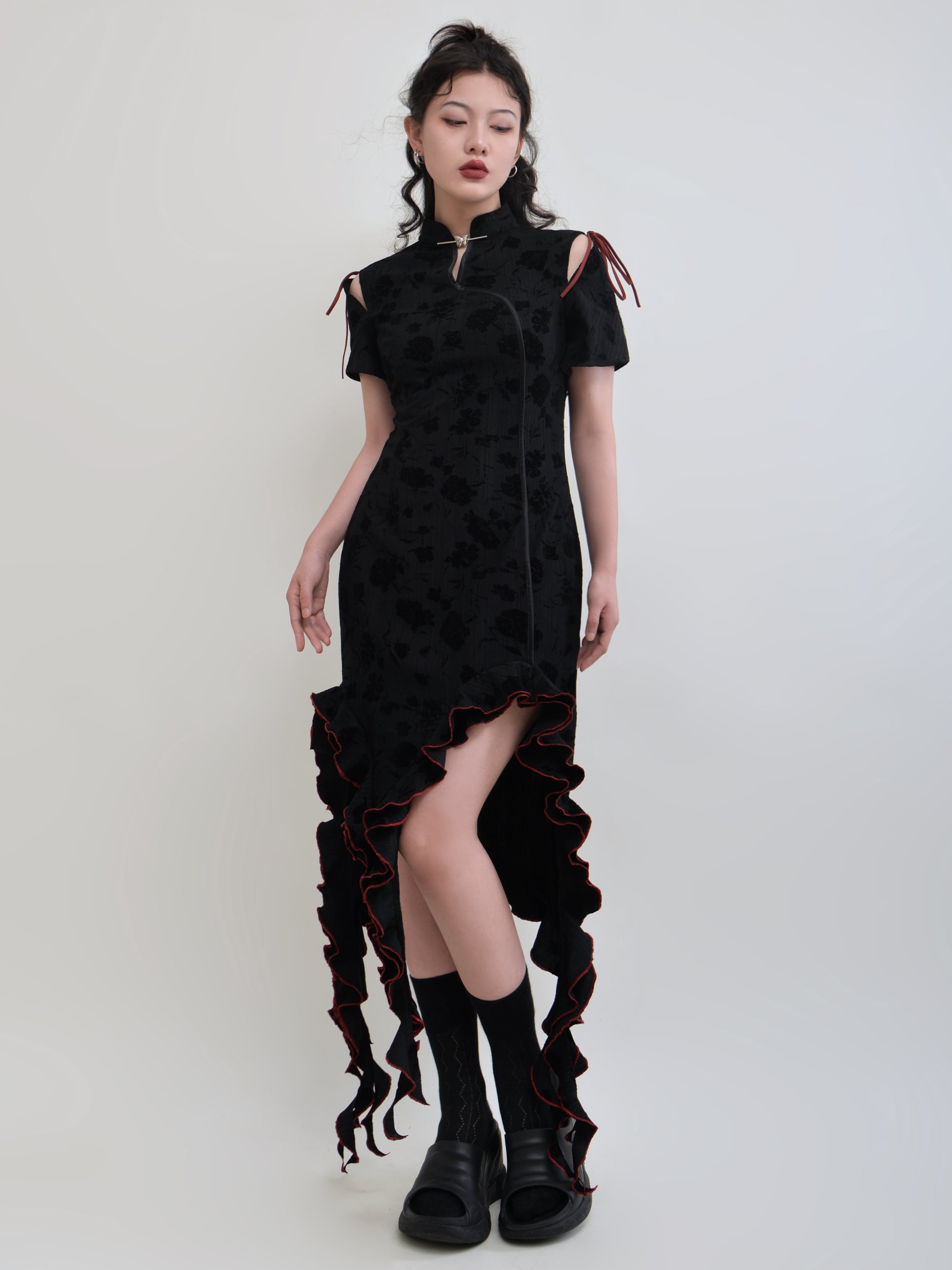 New Chinese Style Color Trim Irregular Frill Dress