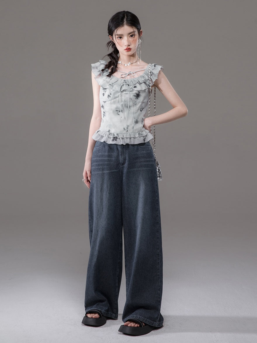 Double Strap Lace Stitch Denim Camisole & Wide-Leg Jeans Set-up