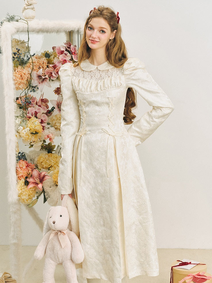 Jacquard Lace-Up Tuck Pleated Dress