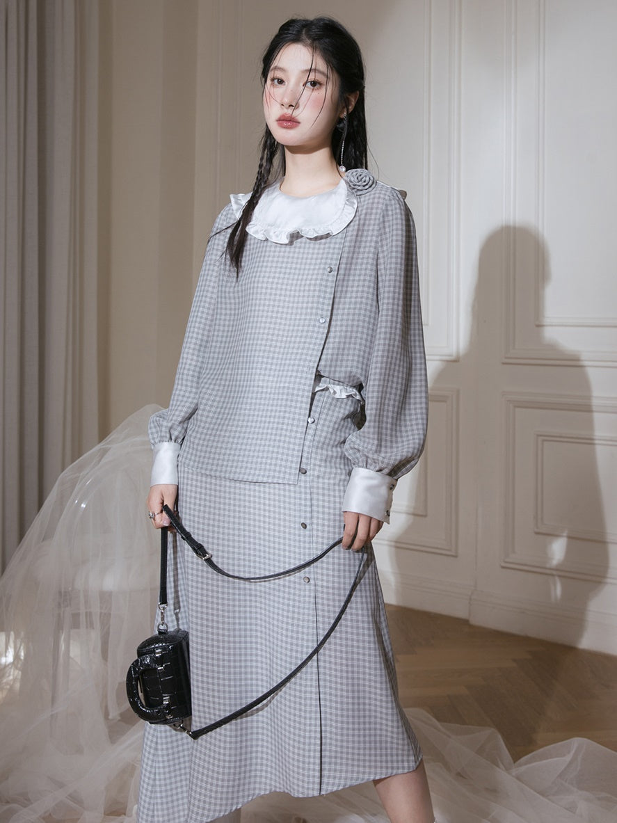 Contrast Color Plaid Shirt & Asymmetry Skirt Set-up
