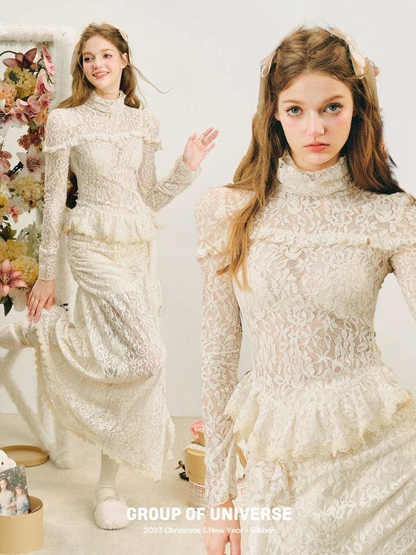Lace High-Neck Peplum Design Top & Embroidered Lace Skirt