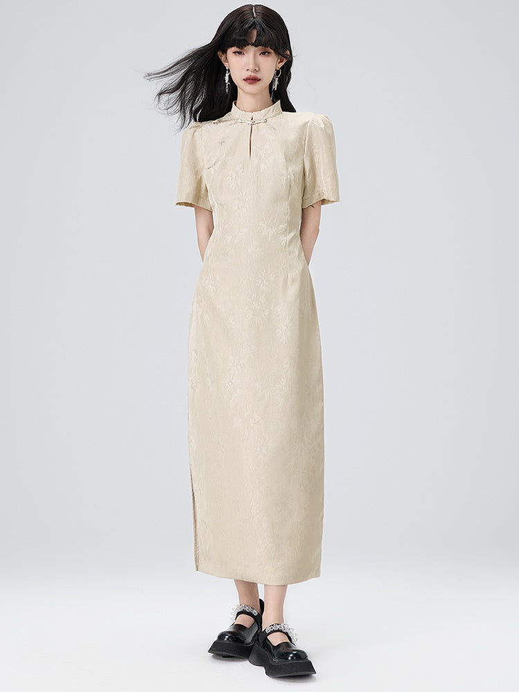 Chinese Style Short Sleeve Slit Long Dress