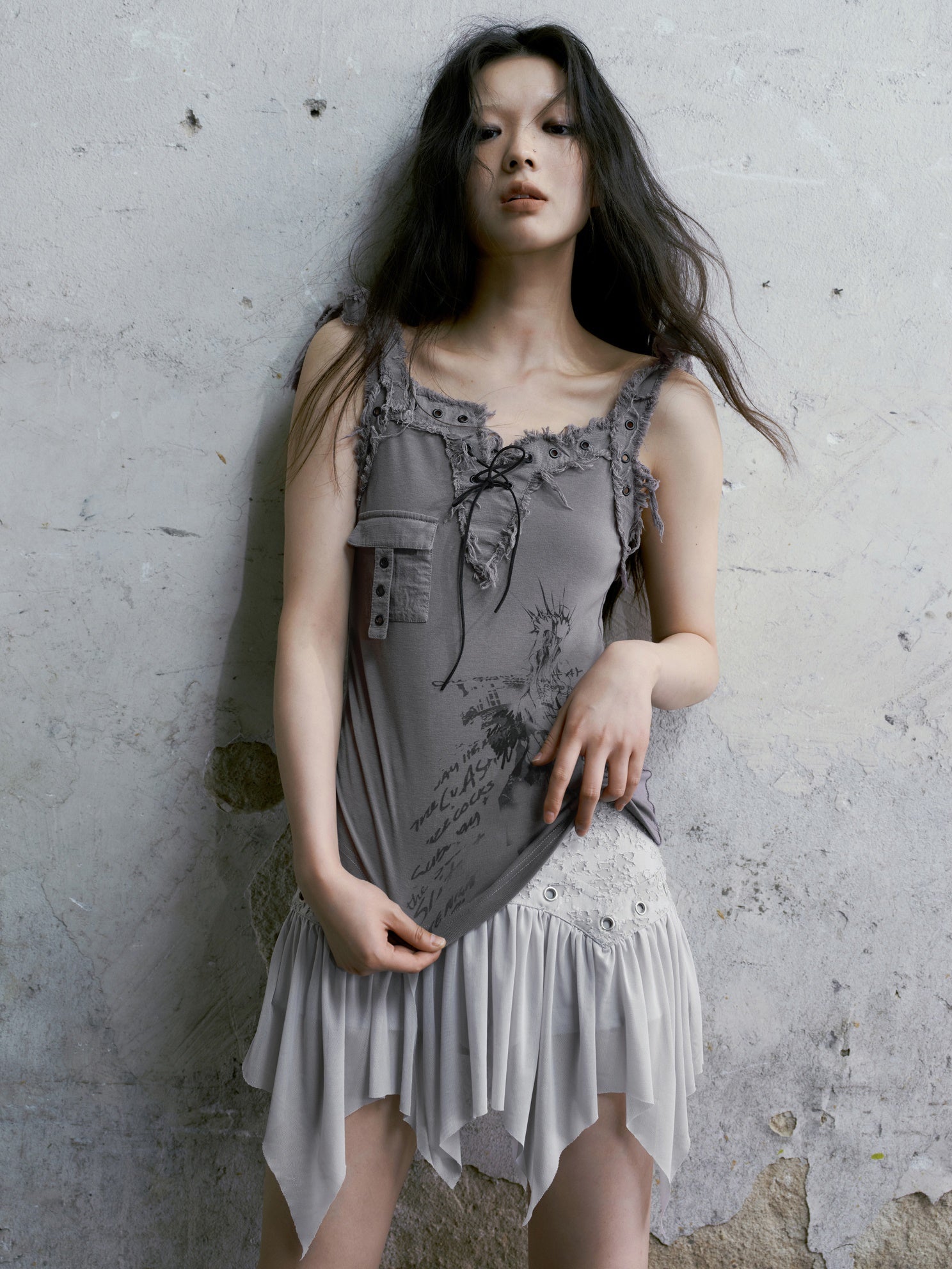 Printed Raw Edge Asymmetric Camisole