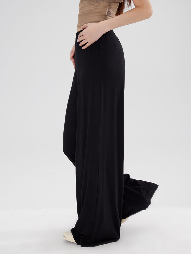 Plain Wide-Leg Casual Embroidery Stretch Lniy-Pants