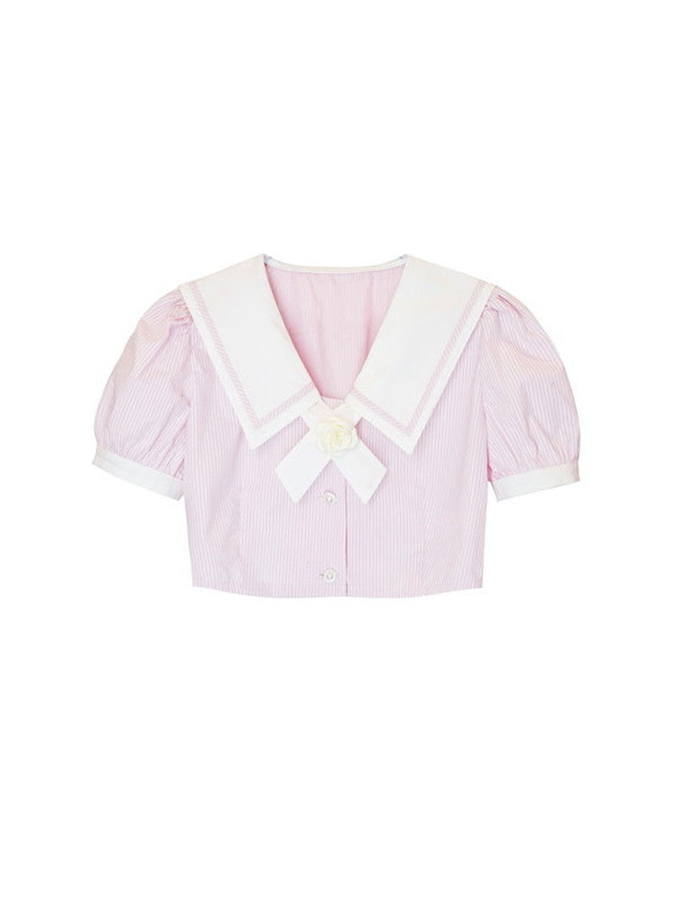 Set-Up Stripe Sailor Lace Cute Ribbon College Blouse&Long-Skirt