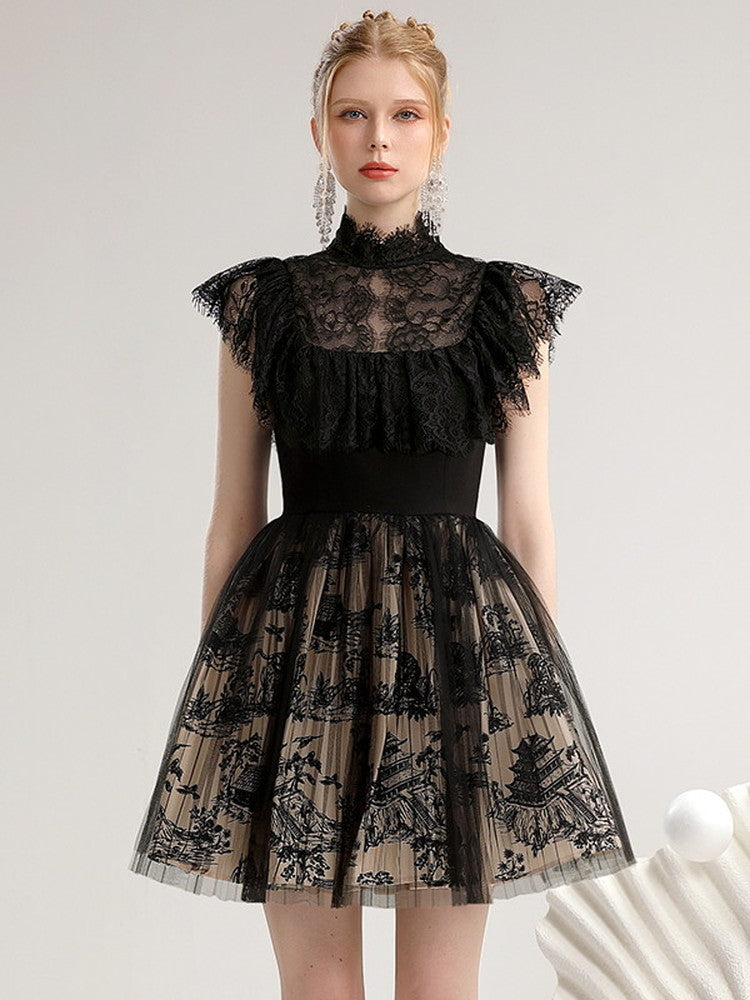 Flace Feminine Chic Falre Flower Party Sheer Dress