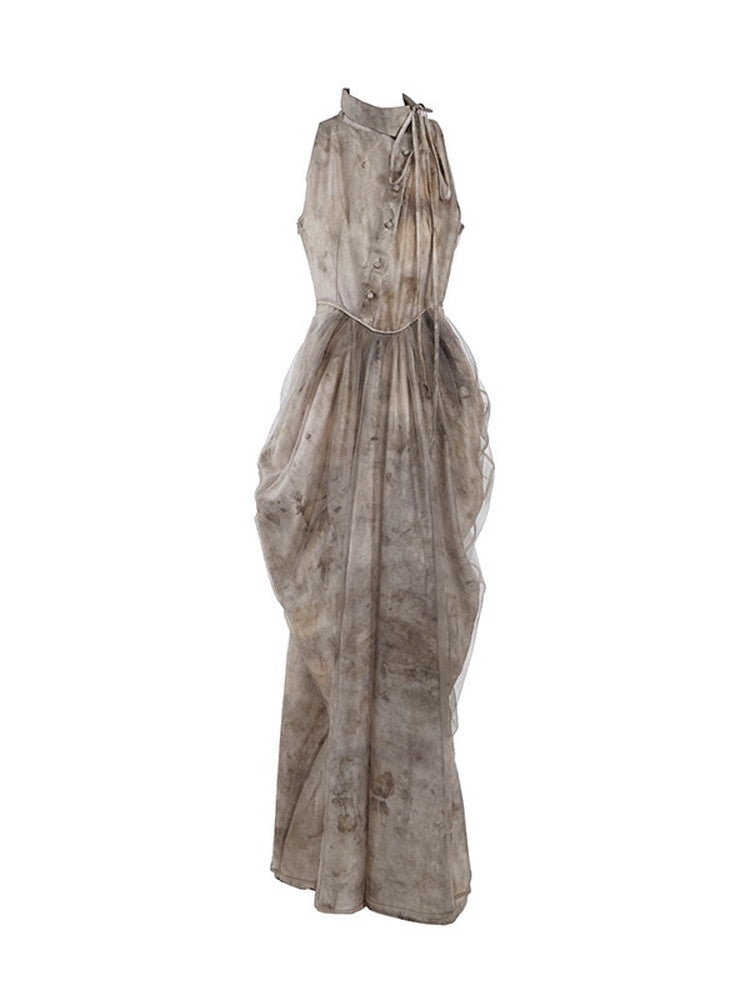 Tie-Dye Drape American-Sleeve Fluffily Retro Long Dress