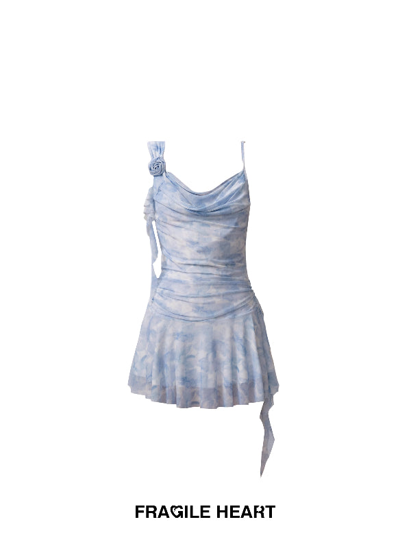 Tie-Dye Camisole Flower Ruffle Short Flrae One-Piece