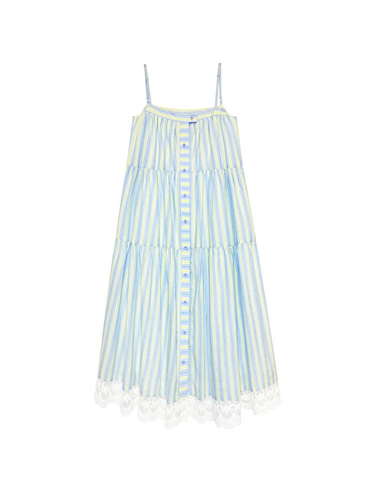 Camisole Lace Stripe Flare Button Layered Casual Dress
