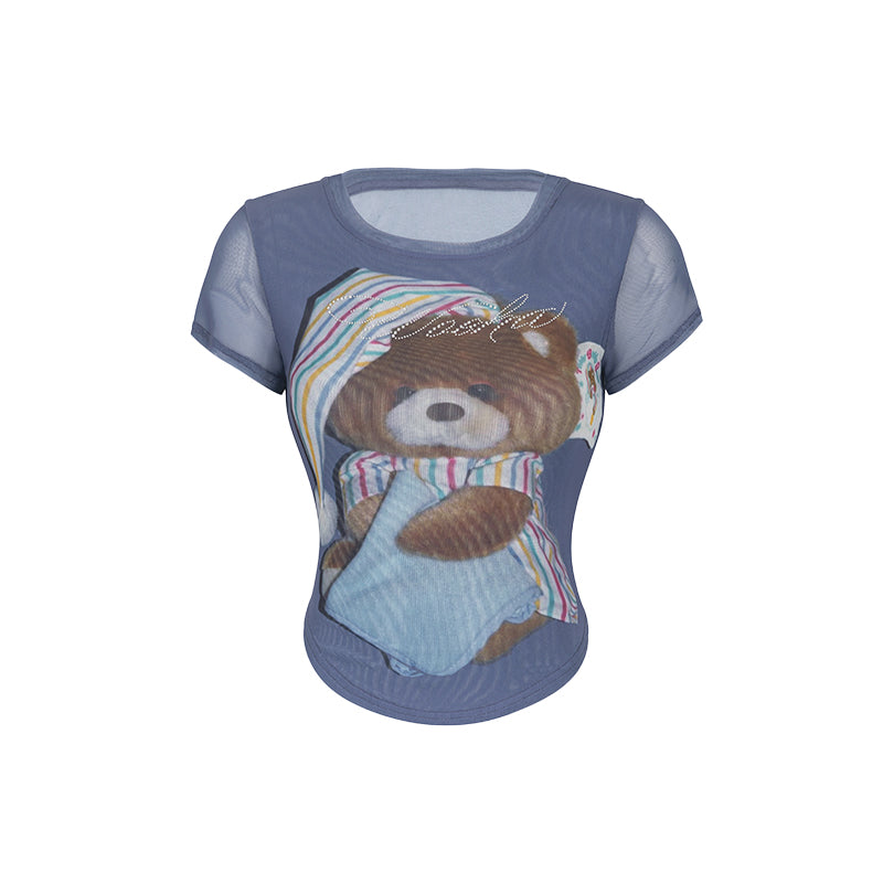 Sheer Bare Gradation Round-Cut Bijou Casual Fancy T-Shirt
