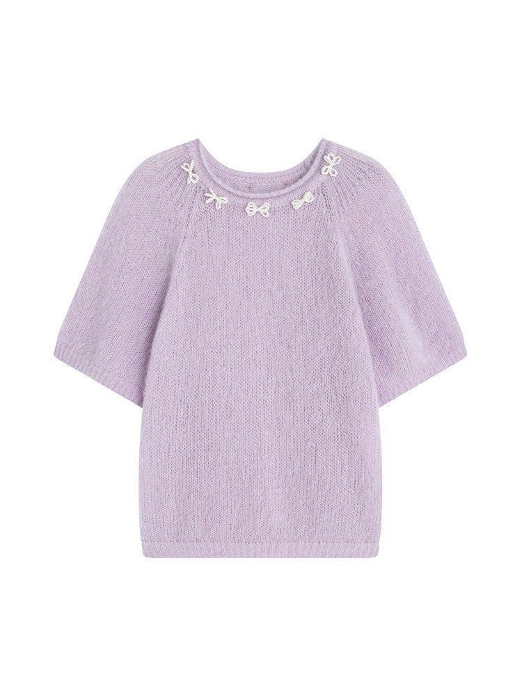 Crew-Neck Ribbon Sweet Feminine Pale Tops&Long-Skirt