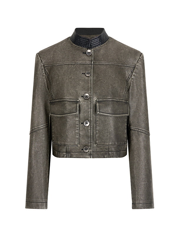 Leather Casual Handsome Set-Up Jacket&Mini-Skirt