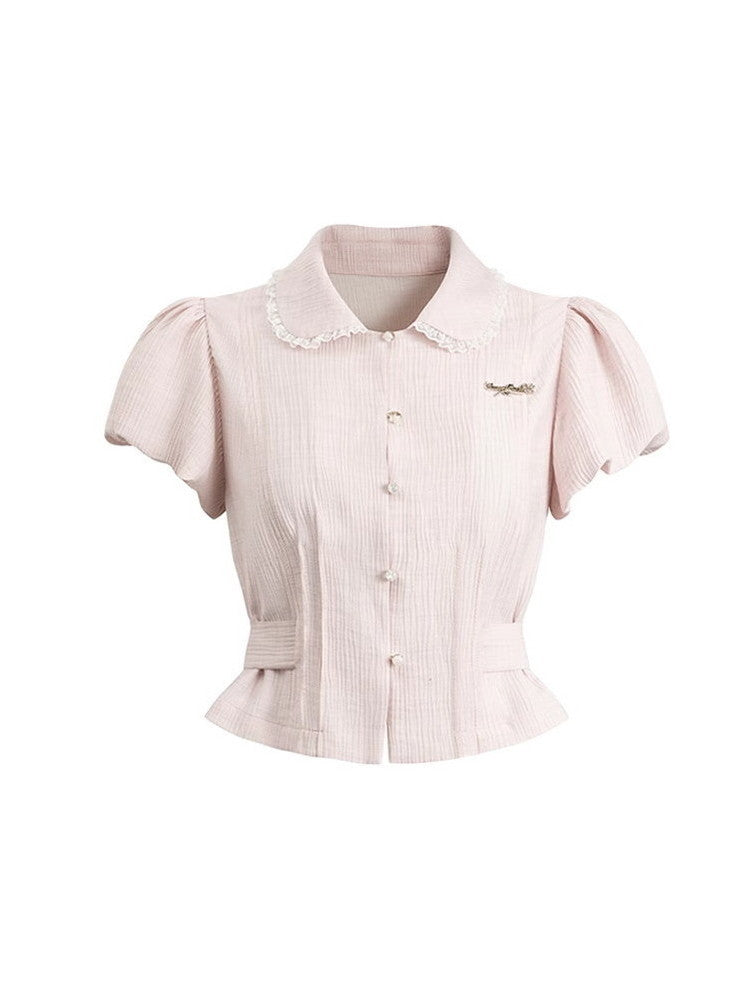 Constricted Puff-Sleeve Lace Flare Blouse&Long-Skirt