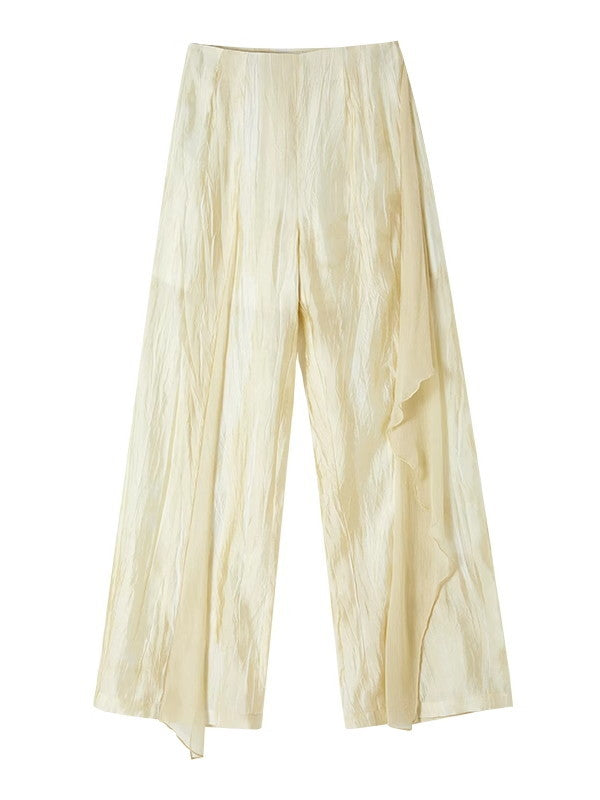 Wrinkled Sheer Frill Asymmetry Straight Wide-Pants