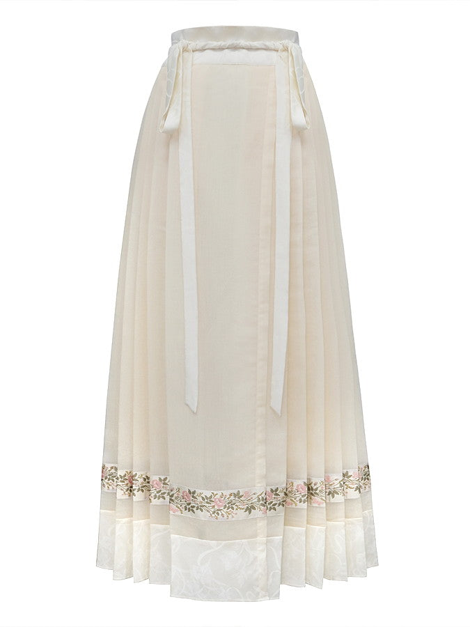 Embroidery Flowr Retro Sheer Box-Pleats Long-Skirt