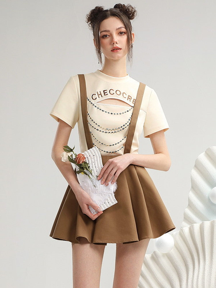 Set-Up Casual Fount-Cut Falre Pleats T-Shirt&Suspenders-Skirt