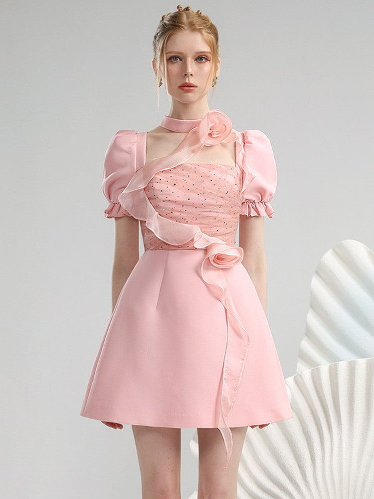 Rose Asymmetry Ciffon Puff-Sleeve Ruffle Short Flare Short Dress