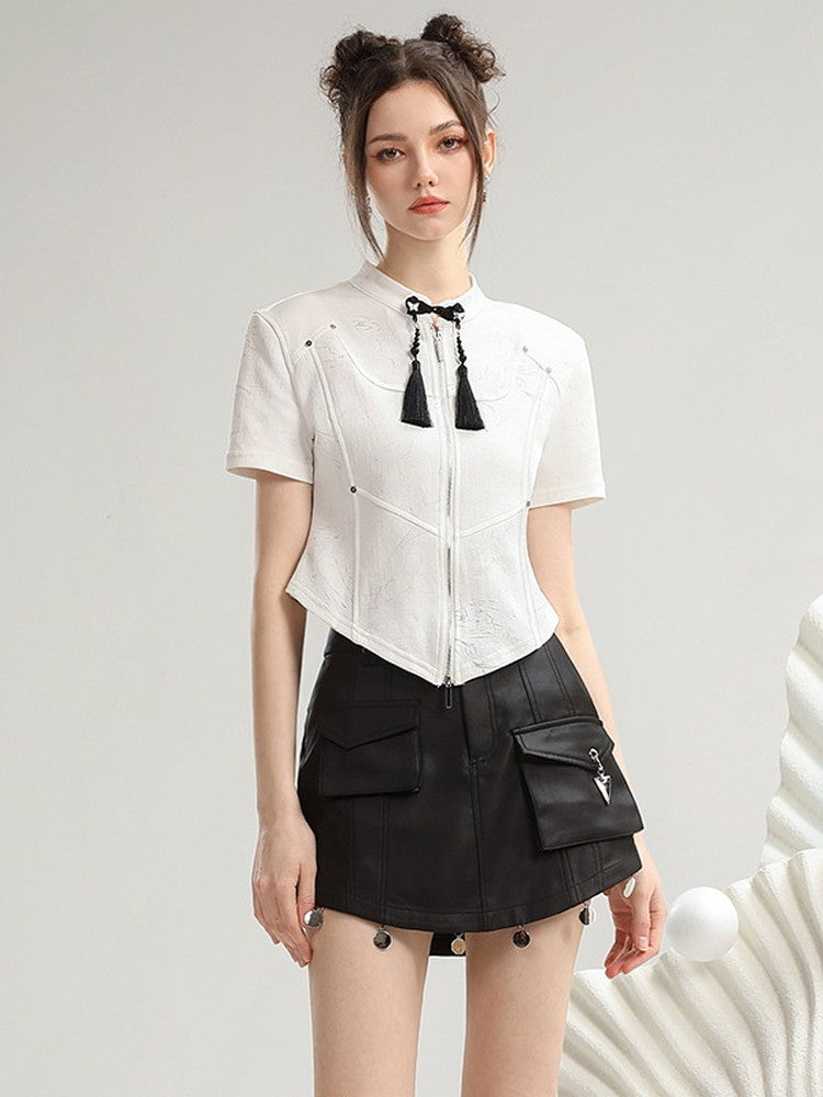 Set-Up Tassel Zip Coin Nichi Tops&Leather-Skirt
