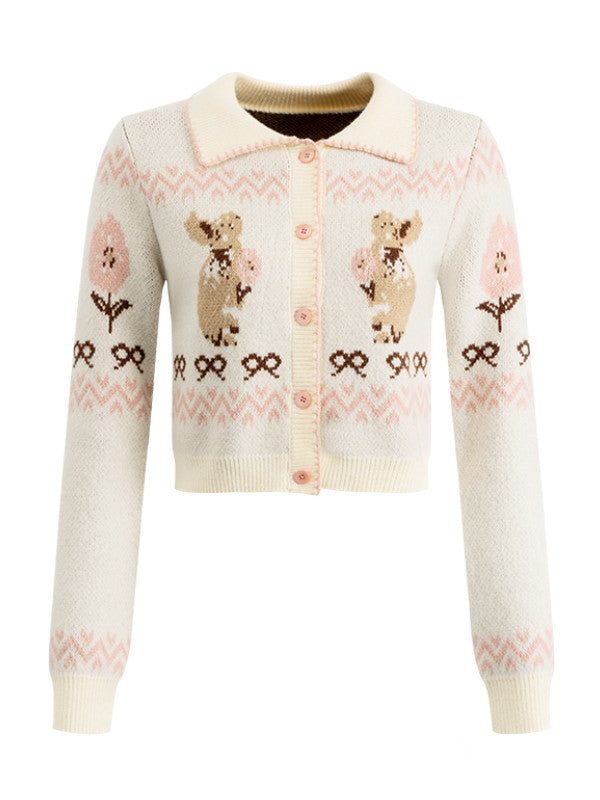 Knit Bear Retro Cute Drawstring Set-Up Tops&Mini-Skirt