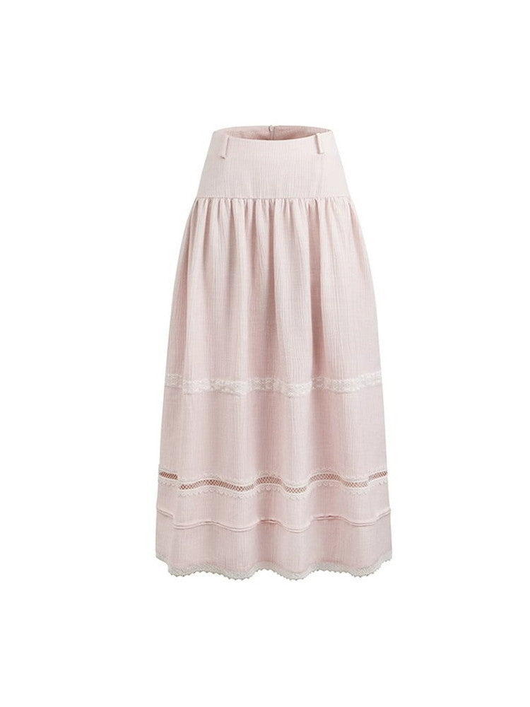 Constricted Puff-Sleeve Lace Flare Blouse&Long-Skirt