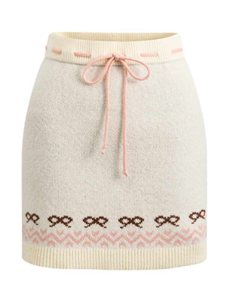 Set-Up Knit Retro Rabbit Ribbon Cardigan&Mini-Skirt
