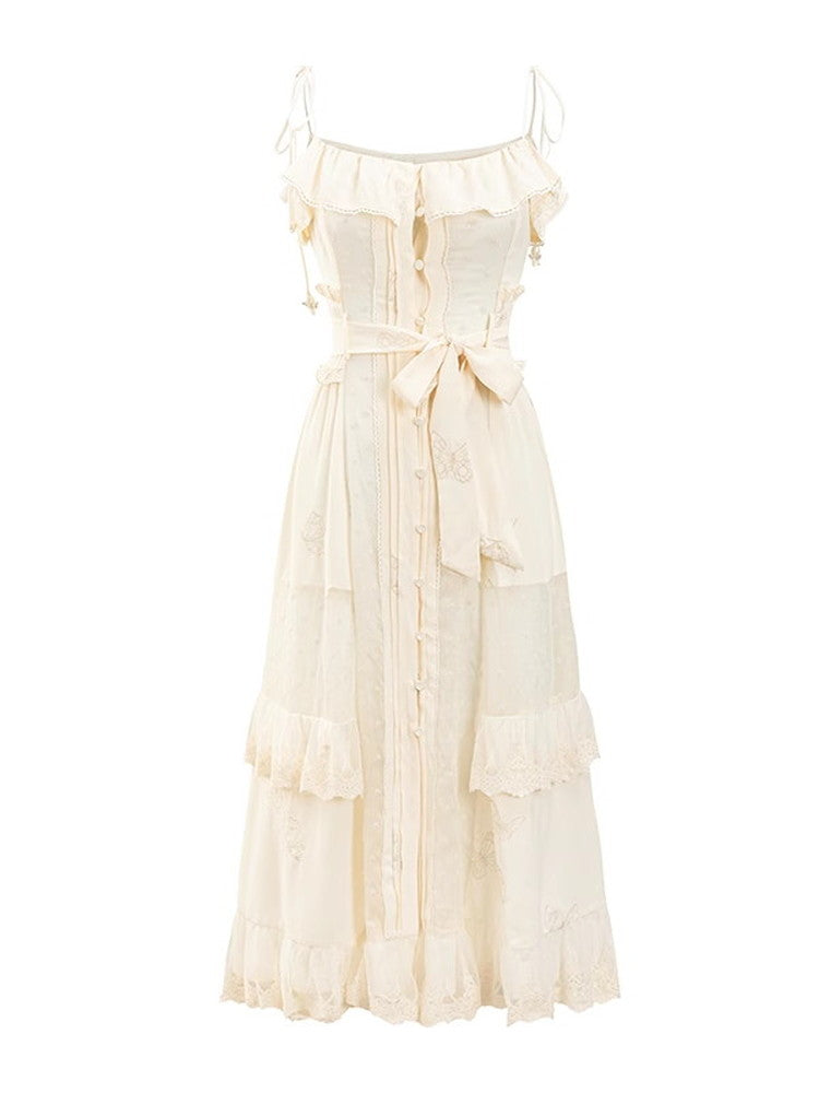 Lace Frill Camisole Ribbon Cute Long Dress