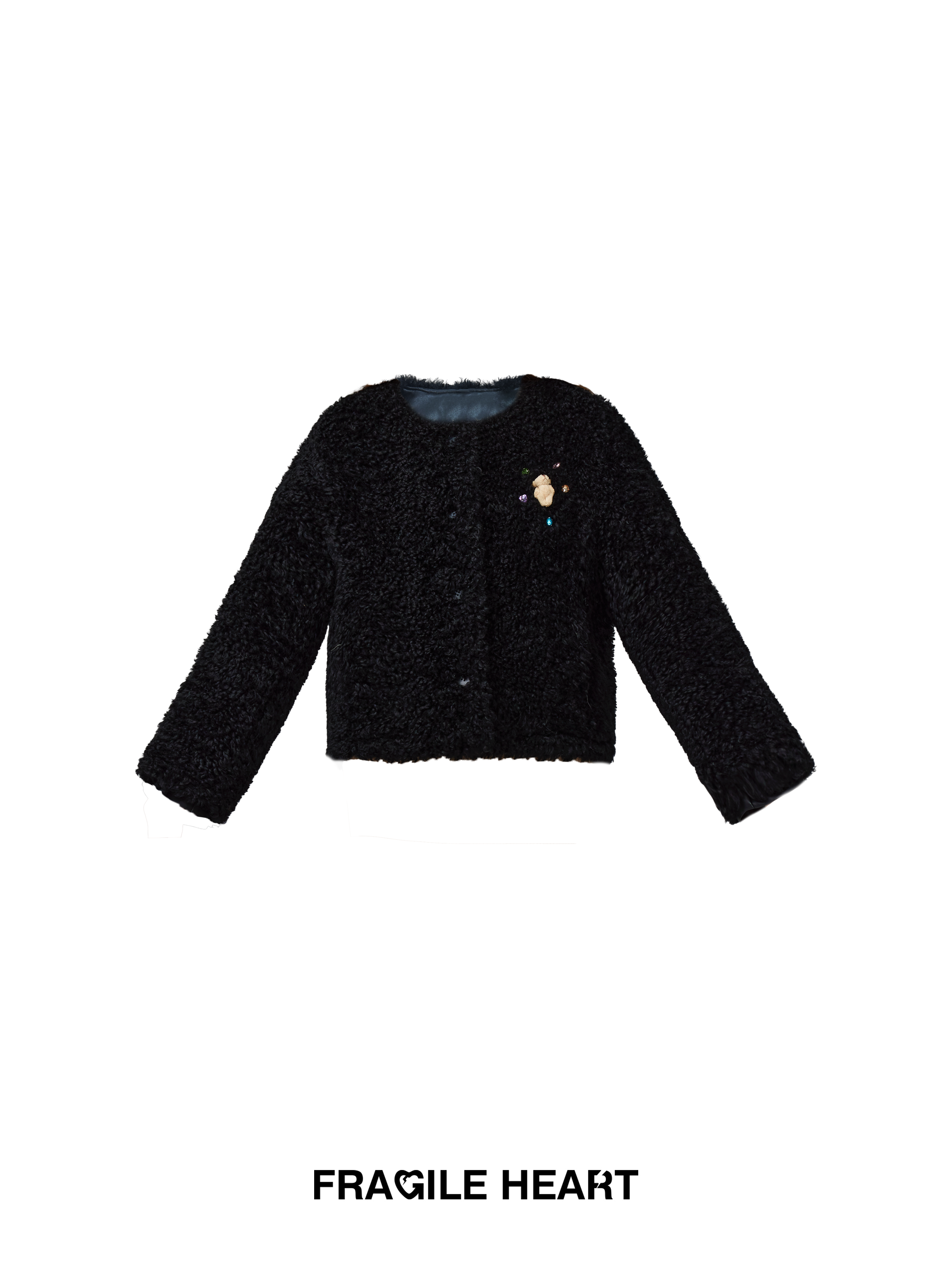 Short Fluffily Retro Cute Bijou Rhinestone Bear Mascot Boa-Jacket
